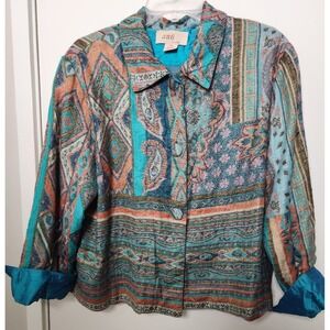 Anu Embroidered Silk Blend Jacket XL Pockets Long Sleeve Flip Cuffs Pleated‎ Vtg